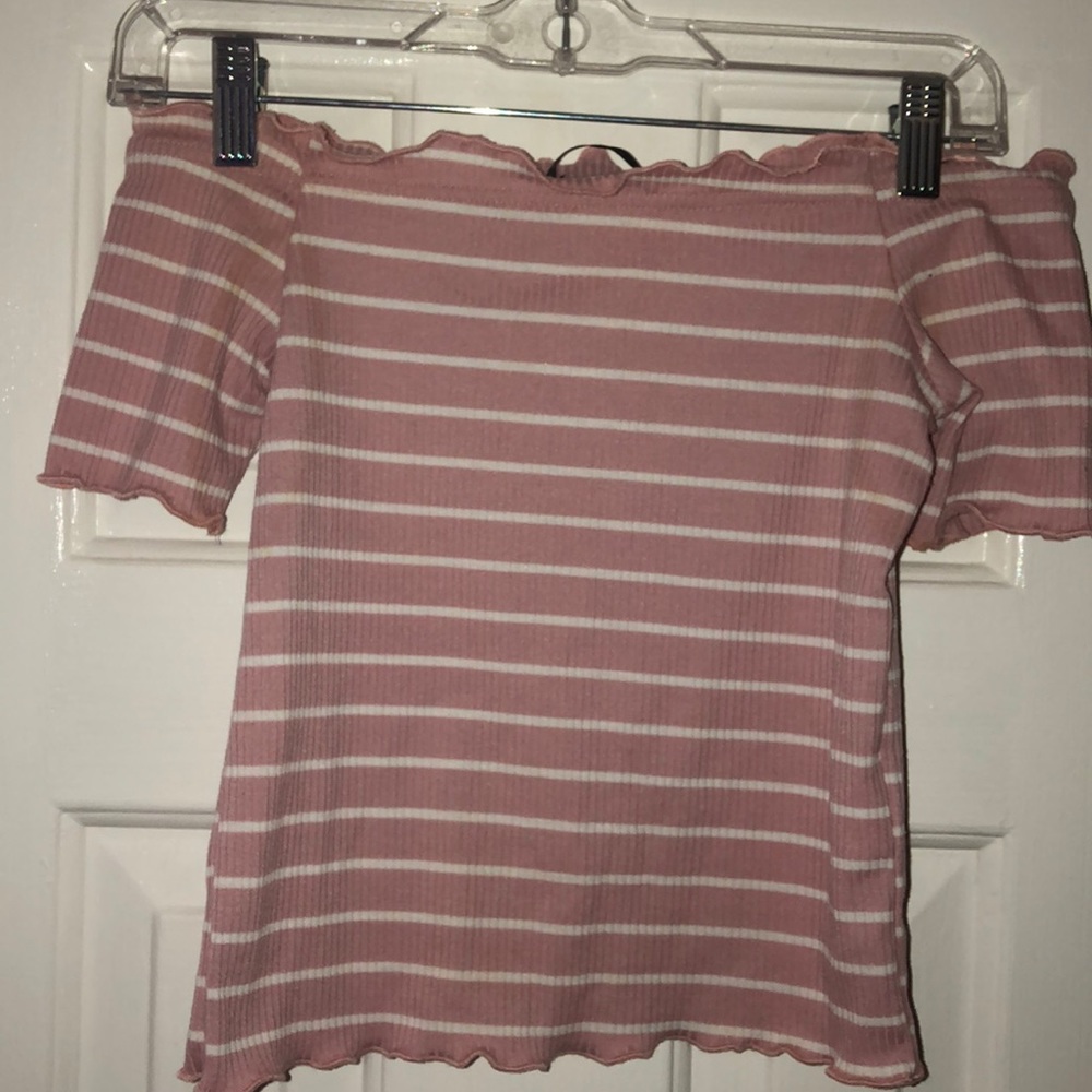 Off the shoulder pink and white slight crop top